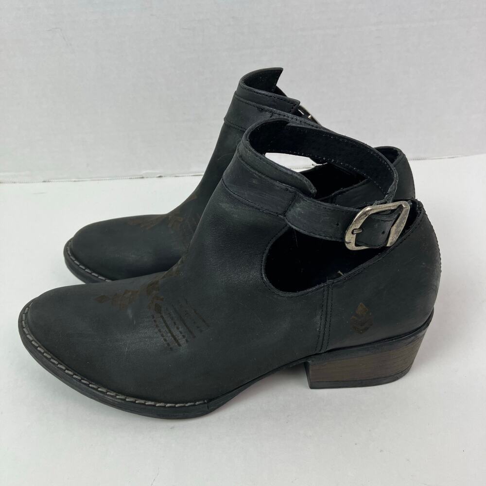 Sbicca Peaceout Distressed Black Cut-out Tribal Print Leather Ankle Booties